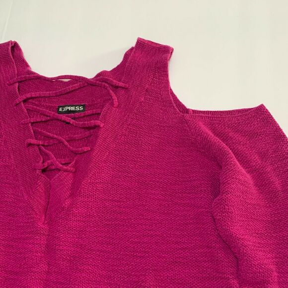 Express Sweater Top Medium Womens Pink Cold Shoulder Long Sleeve V Neck Knit - Picture 8 of 11